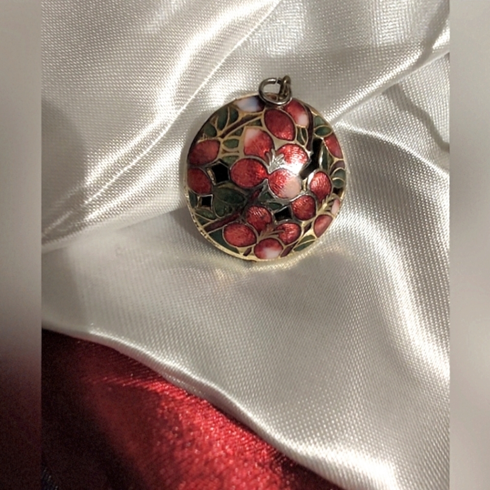 Cloisonne Puffy Cherries Open Design Pendant - Necklace Included